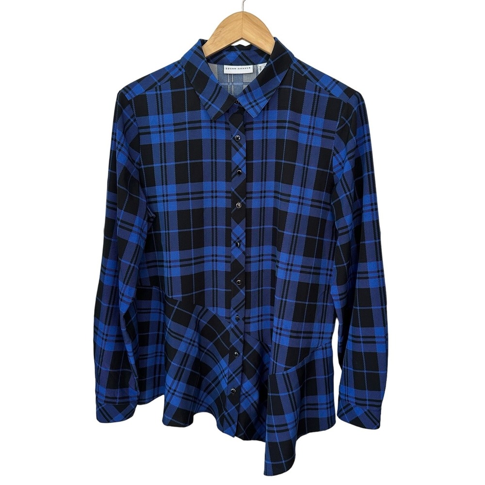 Susan Graver Plaid Button Up Top Womens‎ Medium Blue Black Asymmetrical Hem
